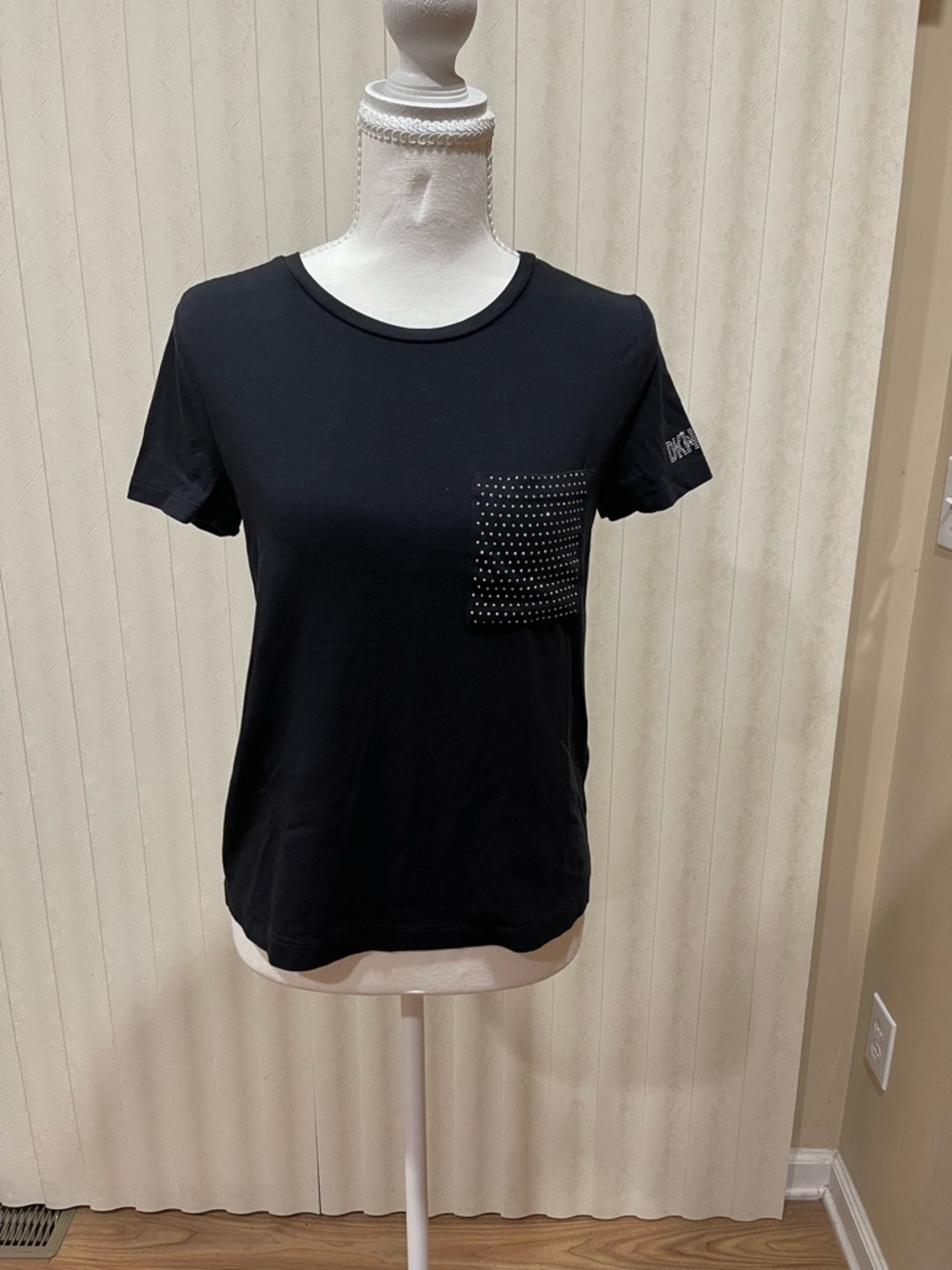 DKNY Black Short-Sleeve Tee with Studded Pocket Detail